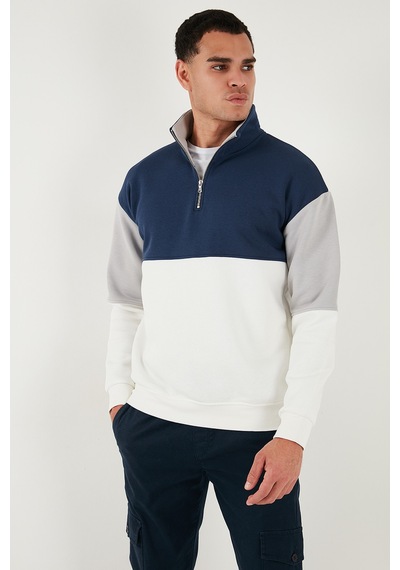 Buratti Renk Bloklu Regular Fit Yarım Fermuarlı Dik Yaka Erkek Sweat 5905719 Ekru