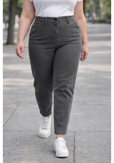 Cedy Denim Mom Fit Jean Büyük Beden Yüksek Bel Carrot Kesim Dar Paça Pileli Esnek Kot Pantolon C600 Gri