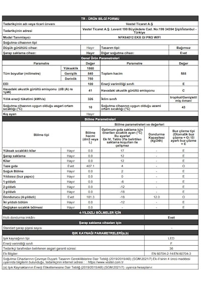 Vestel NFK64012 EKX GI WIFI No-Frost Kombi Tipi Buzdolabı