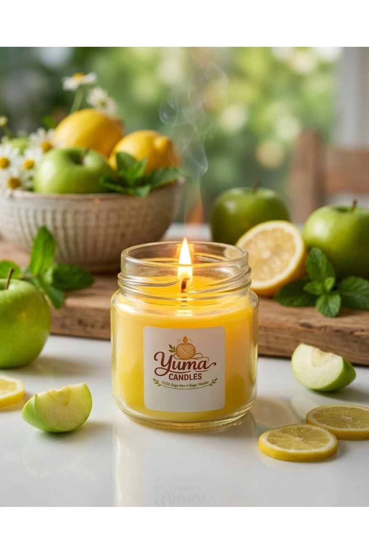 Yeşil Elma Ve Limon Kokulu %100 Soya Wax 100cc Kapaklı Cam Kavanoz Mum Sarı