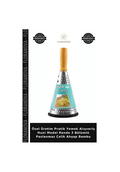 Özel Üretim Pratik Yemek Alışveriş Huni Model Rende 3 Bölümlü Paslanmaz Çelik Ahşap Bambu Çok Renkli
