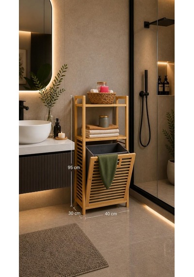 Bambu Çamaşır Sepeti, Raflı Ve Kapaklı, Çıkarılabilir Bezli, Banyo Organizeri, 40x30x95 Cm Çok Renkli
