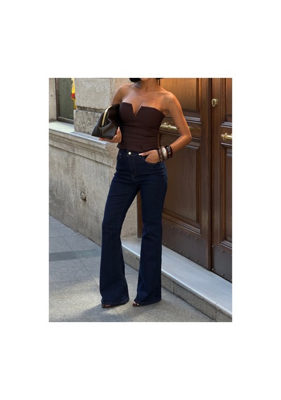 Meecy Kadın Koyu Mavi Yüksek Bel Flare Bootcut Denim Pantolon Lacivert Lacivert