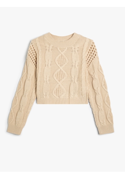 Koton Crop Kazak Ajurlu Yuvarlak Yaka Uzun Kollu Ekru 5wkg90084at