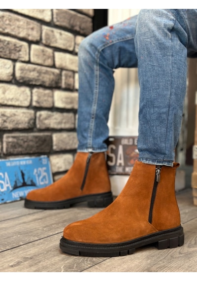 Boa Ba0315 İçi Dışı Hakiki Deri Süet Taba Çift Fermuarlı Erkek Yarım Bilek Bot Taba