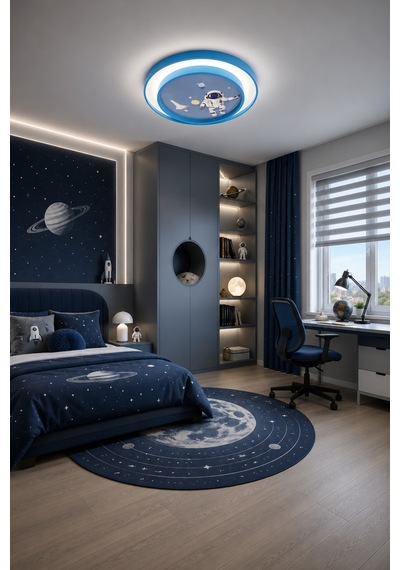 Astronot 2 Katlı Modern Tasarım Uzaktan Kumandalı Dimmerli Gece Modlu 3 Renk Ledli Plafonyer Ledli Avize Çoçuk Odası Avizesi-çap 50 Cm Mavi50 Mavi50