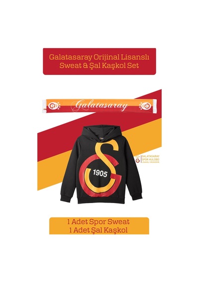 Galatasaray Lisanslı Büyük Logo Çocuk Sweat + Şal Kaşkol Set 095 Siyah