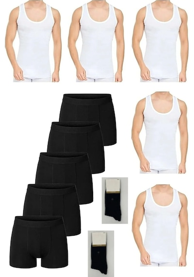 Ekonomik Pamuklu 5'li Erkek Beyaz Atlet-boxer Set 2 Çift Çorap Hediyeli 001