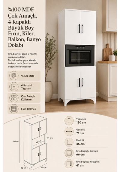 Renazzo %100 Mdf Çok Amaçlı 4 Kapaklı Büyük Boy Fırın Kiler Balkon Beyaz