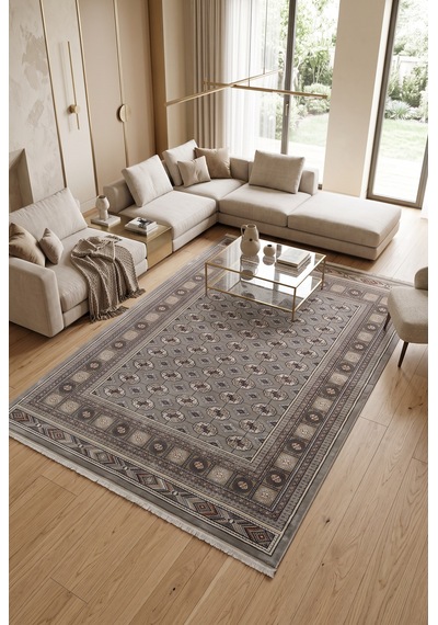 Asya Etnik Desenli Saçaklı Salon Oturma Odası Halısı 70174-95 Gri