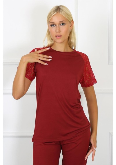 Akbeniz Kadın Kolu Dantelli Penye Pijama Takım 4152 - S Bordo