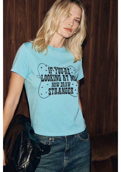 Grimelange Grımelange Vıonele Kadın Organik Pamuklu Kısa Kollu Ve Baskılı Mavi T-shirt