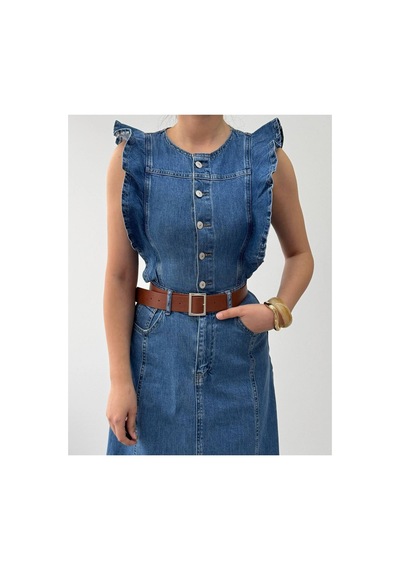Mayrem Kadın Vintage Stil Kuşaklı Kot Elbise Lacivert