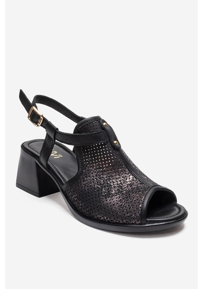 Luvishoes Janelle Siyah Simli Hakiki Deri Kadın Kalın Topuklu Sandalet