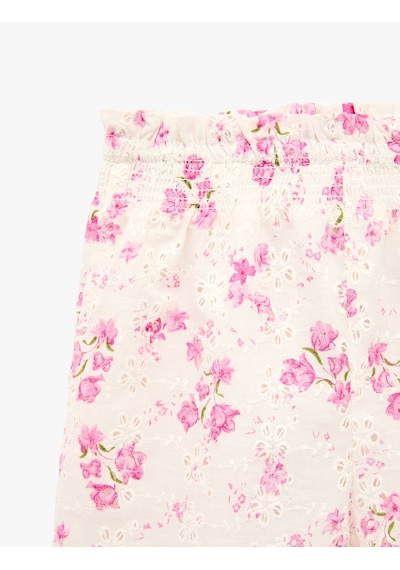 Koton Pamuklu Fırfırlı Brodeli Çiçek Desenli Geniş Paça Pantolon Pembe Desenli 6smg40024aw