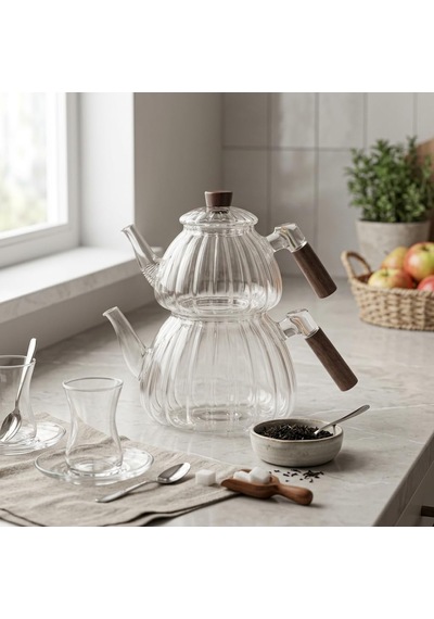 Akasya Cam Çaydanlık Takımı 1500 Ml + 600 Ml - Ahşap Kulplu, Çizgili Tasarım Isıya Dayanıklı Borosilikat Şeffaf Çaydanlık çok renkli