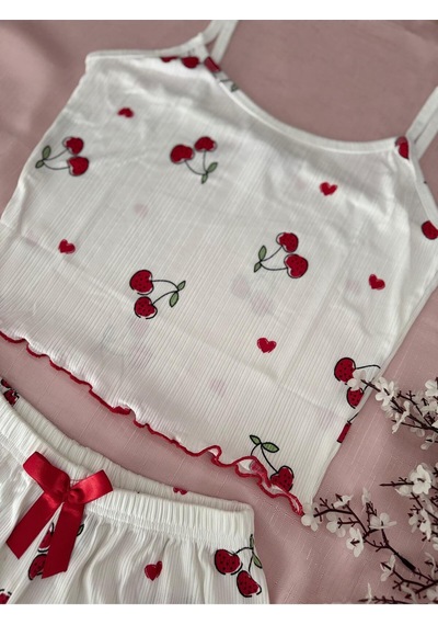 Mh Moony Homewears 2'li Fitilli Kirazlım Şortlu Yazlık Pijama Takımı Kırmızı Bordo