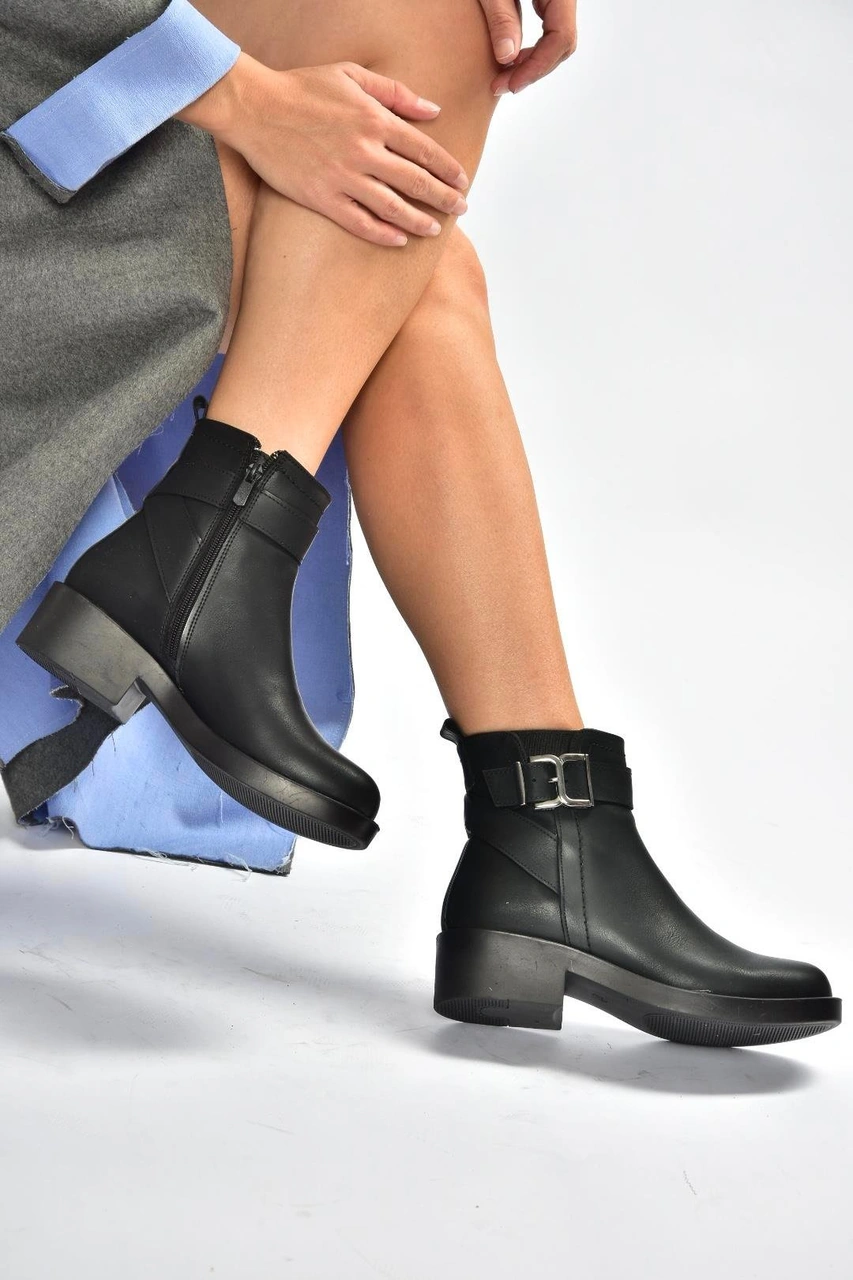 Fox Shoes V674121109 Siyah Alçak Topuklu Kadın Bot Siyah-Suni Deri
