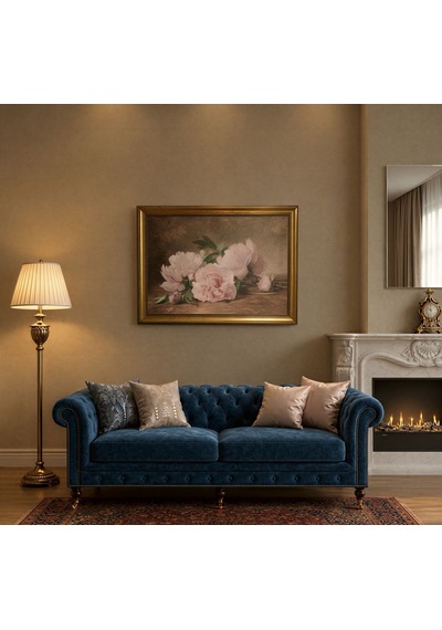 Klasik Gold Çerçeveli Pembe Şakayık Çiçekleri Tablo Lüks Salon Oturma Odası Duvar Dekoru 80x60 Cm