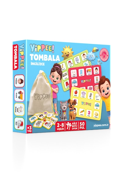 Çocuk Tombala İngilizce Temalı Ham Bez Kese 8 Tabla 50 Pul 60 Parça
