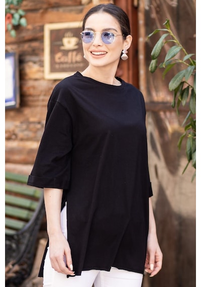 Armonika Kadın Siyah Yuvarlak Yaka Geniş Kollu Yanı Yırtmaçlı T-shirt Arm-19y012003