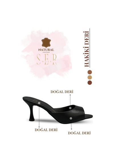 Sermoda Hakiki Deri Kadın Terlik - 7 Cm Topuklu Hakiki Deri Kadın Topuklu Terlik Siyah