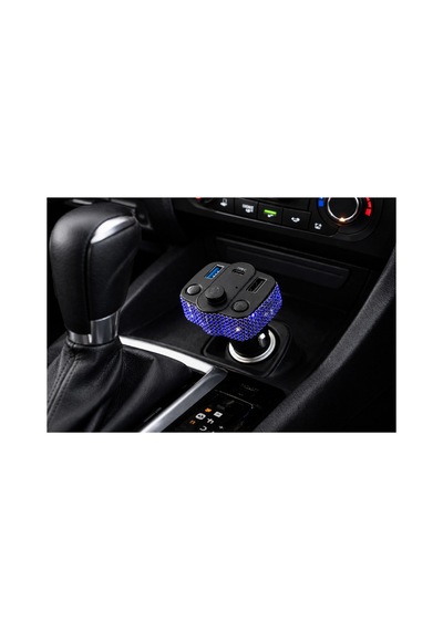 Araç İçi Saks Mavisi Kristal Taşlı Fm Transmitter Bluetooth Usb Type-c Oto Çakmaklık
