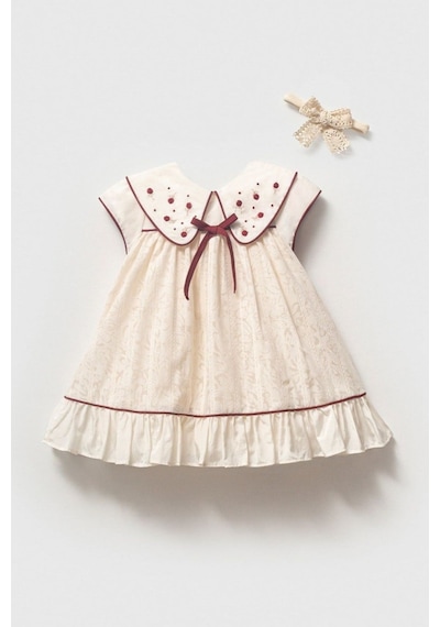 Cantoy Kız Bebek Bordo Detaylı Fisto Nakışlı Vintage Elbise Ve Bandana Takımı Organik