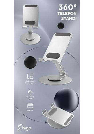 Fiigo Telefon Standı Katlanabilir Çok Fonksiyonlu 360 Derece Dönebilen Metal Silver