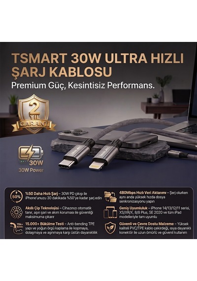Tsmart TS-K20 20 W USB-C To Lightning Hızlı Şarj Kablosu