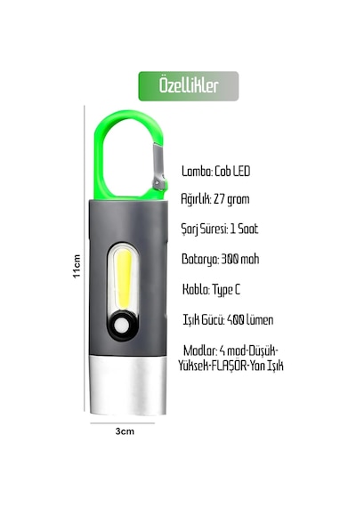 4 Modlu Şarjlı El Feneri Cob Led Usb Kamp Outdoor Avcılık Lambası Kancalı 400 Lümen 3w Çok Renkli