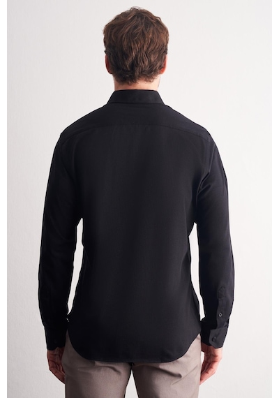 İmza Siyah Düğmeli Yaka Kendinden Desenli Örme Uzun Kol Performans Ürün Slim Fit %100 Pamuk Gömlek 1004255272 Siyah