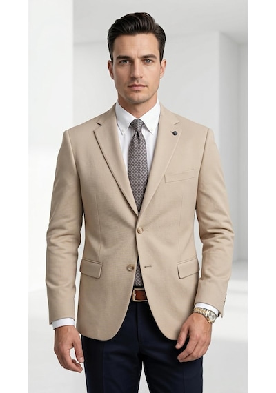 Plus Scorpion Ck 142 Slim Fit Mikro Desenli Erkek Ceket Yazlık Pike Kumaş Çift Yırtmaç Blazer Bej