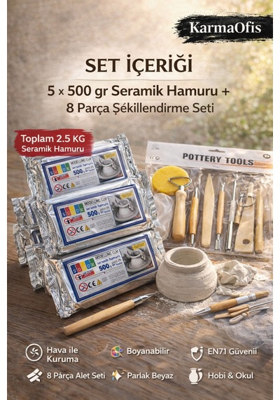 Seramik Hamuru Seti 5x500 Gr + 8 Parça Şekillendirme Alet Seti Air Dry Kil Modelleme Seti Krem