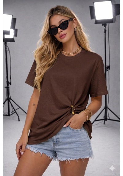 Ribana Kadın Bisiklet Yaka Kısa Kollu Gold Yan Toka Detaylı T-shirt 5035 Kahverengi