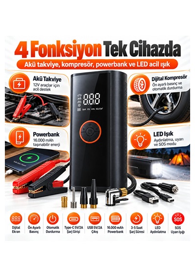 Akü Takviye Cihazı 12v Dijital Hava Kompresörü 16000 Mah Powerbank Otomatik Durdurma Led Sos Çok Amaçlı Şişirme Pompası