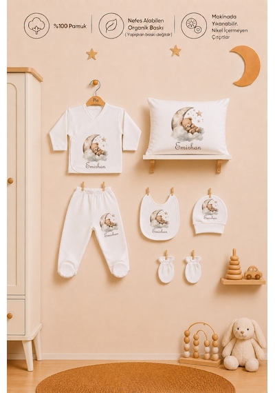 Pia Baby Kişiye Özel Kız Bebek Hastane Çıkışı %100 Pamuk Organik Baskılı Zıbın Seti 1051zyb3x Ekru