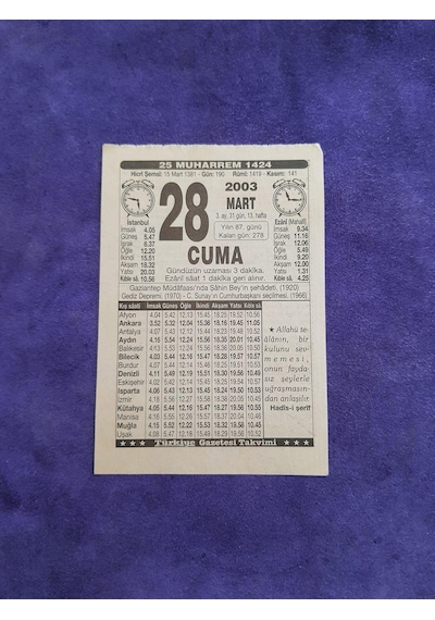 28 Mart 2003 Takvim Yaprağı - Nostaljik Koleksiyonluk Takvim Yaprağı
