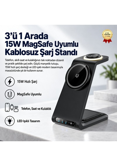 3'ü 1 Arada 15w Magsafe Uyumlu Kablosuz Şarj Standı Telefon, Akıllı Saat Ve Kulaklık Şarj İstasyonu-1746