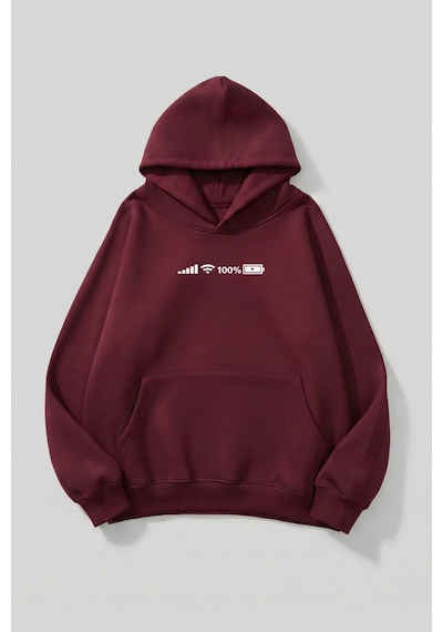 Uyguntarz Unisex Yumuşak Dokulu Phone's Icons Baskılı Tasarım Oversize 3 İplik Hoodie Sweatshirt Bordo