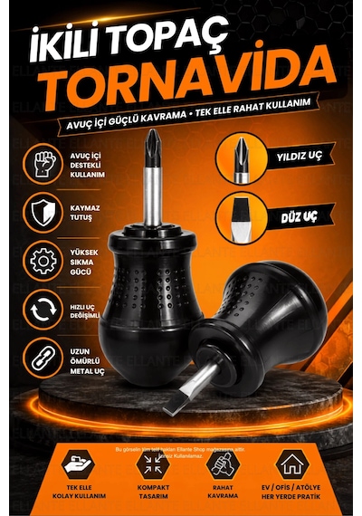 Mini İkili Topaç Tornavida Manyetik Uçlu Düz Ve Yıldız Uçlu Pratik El Tornavidası