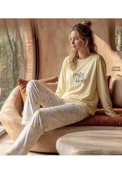 Pijamoni Kadın Likralı Pamuklu Bisiklet Yaka Uzun Kol İnce Pijama Takımı 1300/1 - 1 Adet Sarı Pijamoni Kadın Likralı Pamuklu Bisiklet Yaka Uzun Kol İnce Pijama Takımı 1300/1 - 1 Adet Sarı
