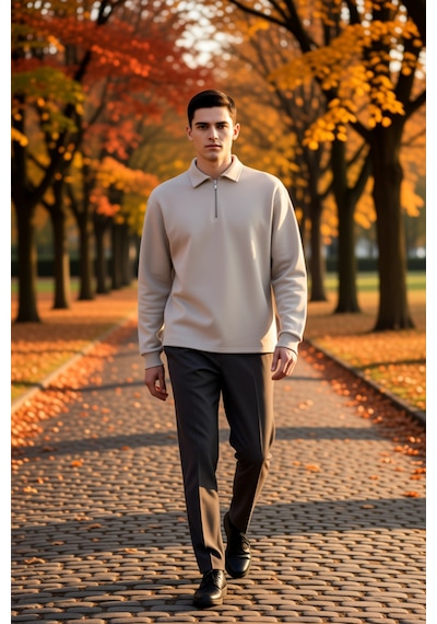Benerly Erkek Gömlek Yaka Fermuarlı Uzun Kol Oversize Kalıp Sweatshirt Fo Gri