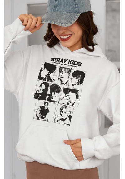 Sevbano Stray Kids Müzik Grubu Baskılı Unisex Oversize Hoodie beyaz