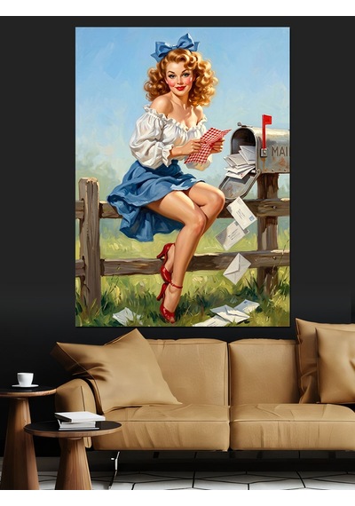 Mektup Okuyan Pin-up Kız Dekoratif Kanvas - Mdf Ahşap Tablo