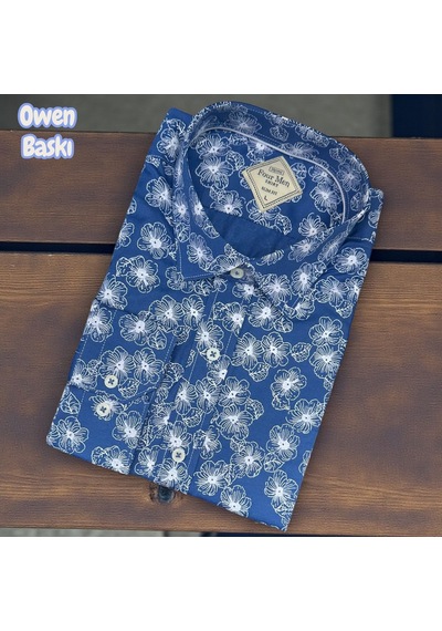 Slim Fit Pamuklu Uzun Kollu Cepsiz Gömlek Slim Fit Kalıp Mavi