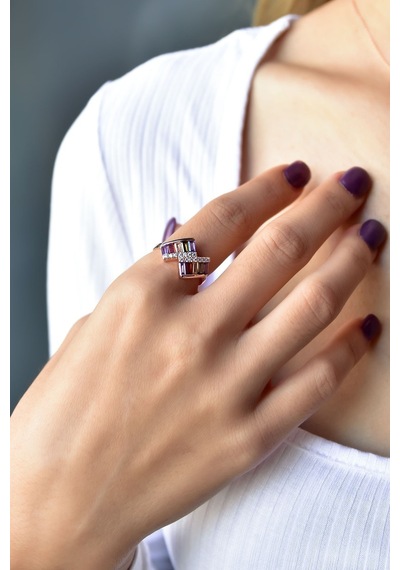 Papatya Silver 925 Ayar Gümüş Rose Kaplama Renkli Baget Taşlı Kolye Küpe Yüzük Set