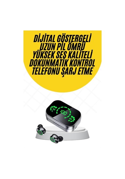 Kablosuz Bluetooth Kulaklık Çift Telefon Destekli Powerbankli Dijital Göstergeli Gri