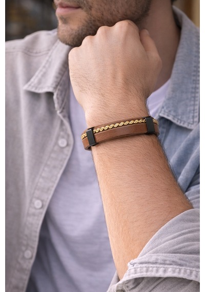 Regal Weave Gold Detaylı Hakiki Deri Erkek Bileklik-1374 Antrasit