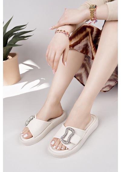 Nesilshoes Nesil Shoes Dvm 033 Bej Masaj Tabanlı Tokalı Kadın Terlik
